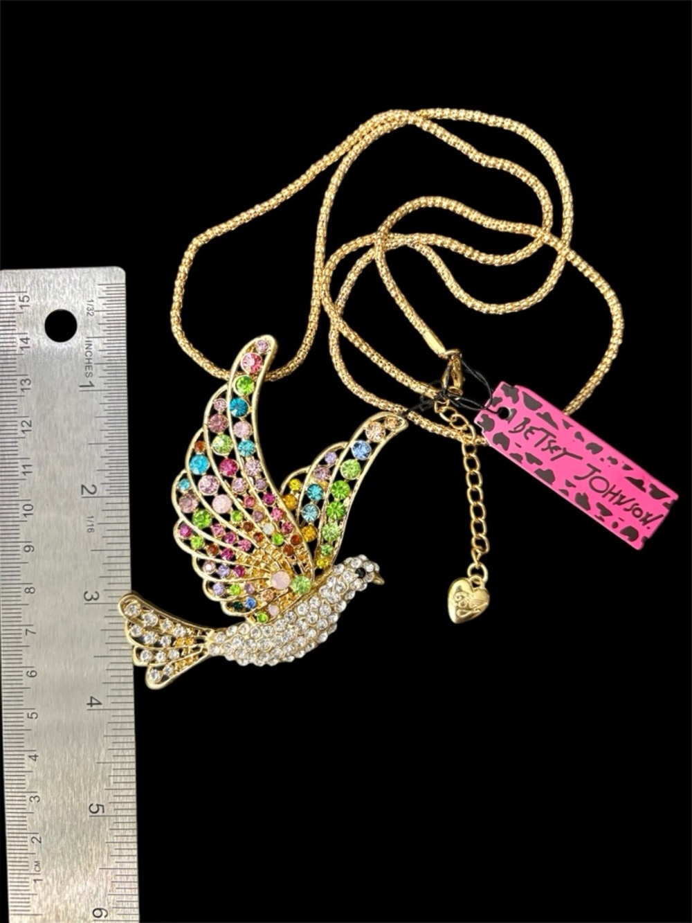 Betsey Johnson Colorful Rhinestone Dove Necklace Pendant & Gold Tone Brooch